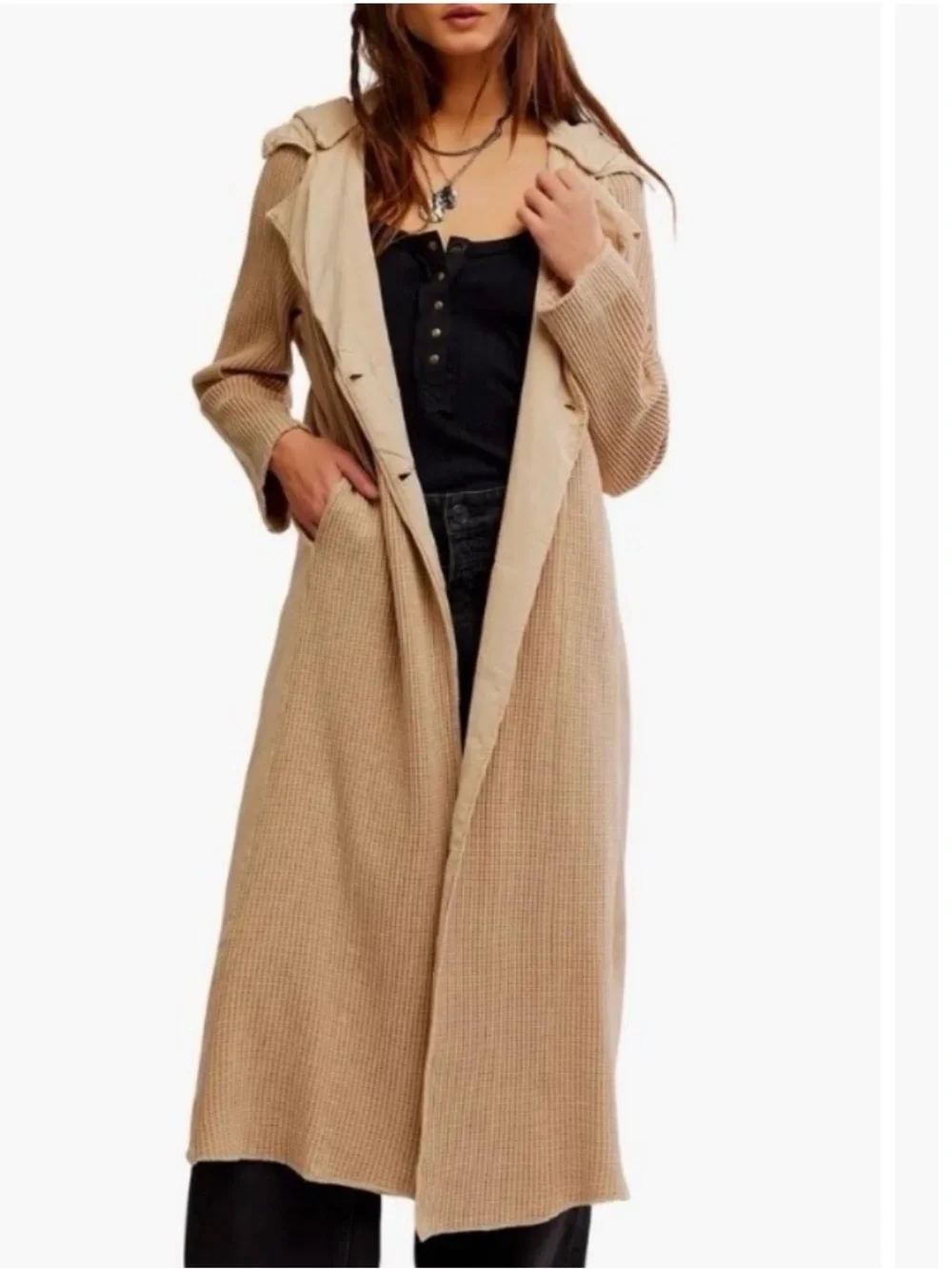 Free People FP One Landon Cotton Knit Maxi Sweater Jacket Long Cardigan Duster